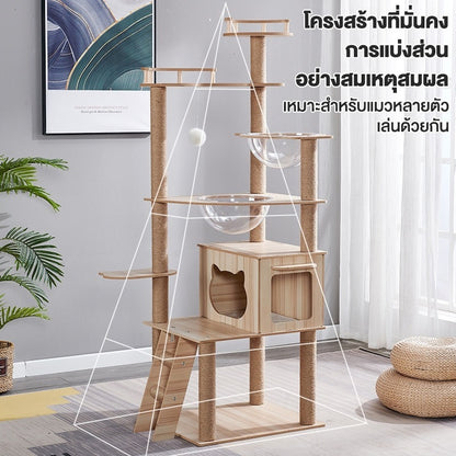 Mango คอนโดแมว ไม้แมวคอนโดแมว บ้านแมว รวมถึงแคปซูลอวกาศโปร่งใสเหมาะสำหรับเลี้ยงน้องแมว 3-5ตัว เสาลับเล็บ ขนาดใหญ่ สูง170CM