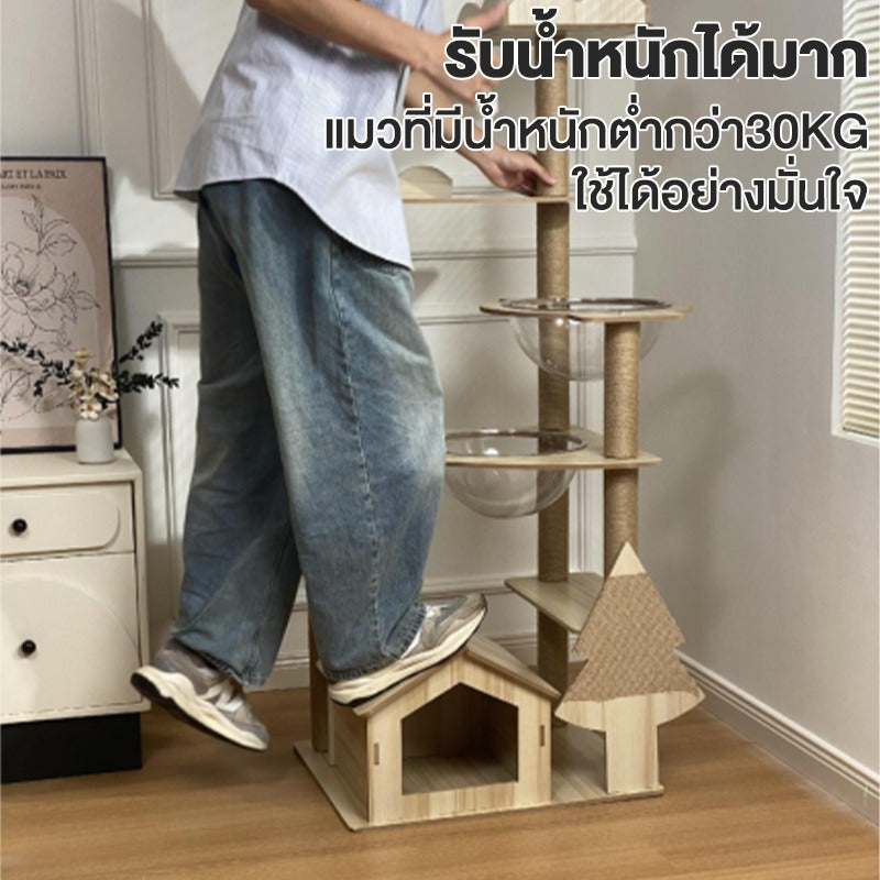 Mango คอนโดแมว ไม้แมวคอนโดแมว บ้านแมว รวมถึงแคปซูลอวกาศโปร่งใสเหมาะสำหรับเลี้ยงน้องแมว 3-5ตัว เสาลับเล็บ ขนาดใหญ่ สูง170CM