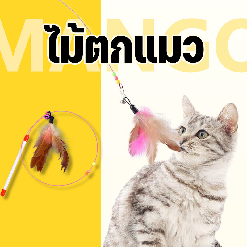 Mango ไม้ตกแมว ของเล่นแมว ของเล่นสัตว์เลี้ยง แบบสปริง ไม้ล่อแมว แบบลวดสลิง ไม้แมว ไม้แซวแมว มีขนนกและกระดิ่ง