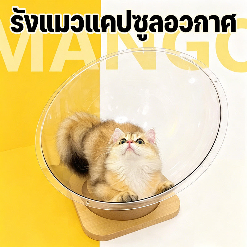 Mango บ้านแมว คอนโดแมว หมุนได้ รังแมวแคปซูลอวกาศ ที่นอนสัตว์เลี้ยง หลุมอวกาศ ของเล่นแมว จานเสียงไม้เนื้อแข็งอะคริลิค
