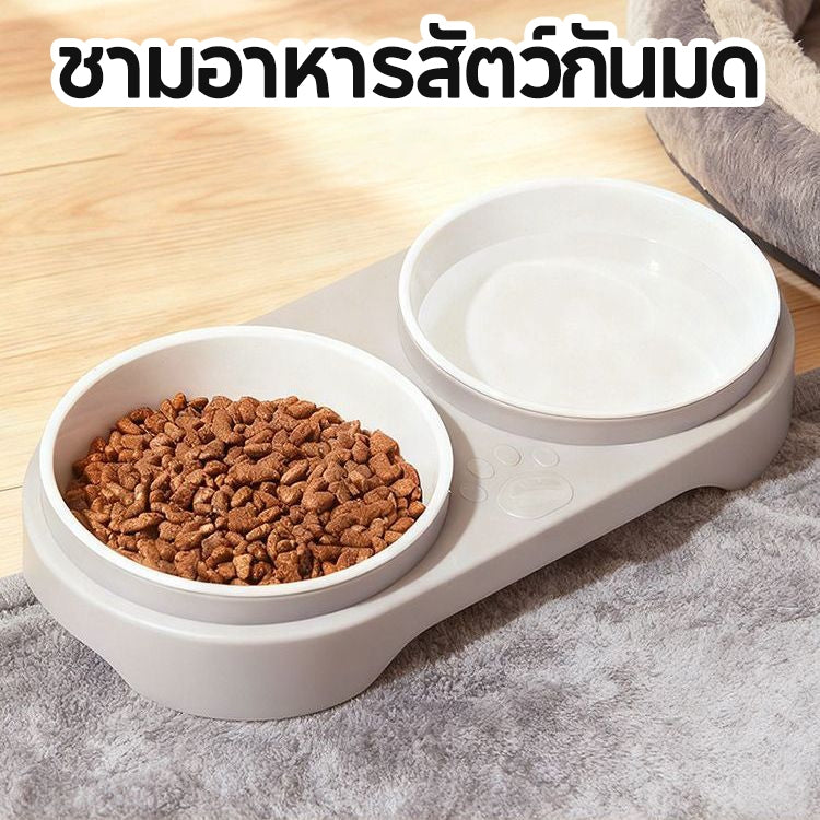 Mango ชามข้าวสัตว์เลี้ยง ชามอาหารสัตว์กันมด 2 ช่อง สำหรับน้องหมาน้องแมว พลาสติกปลอดภัย ความจุใหญ่ ถอดล้างง่าย ชามอาหารแมวกันมด ชามอาหารสุนัขกันมด