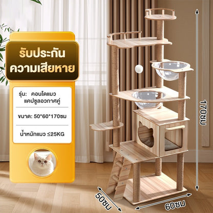 Mango คอนโดแมว ไม้แมวคอนโดแมว บ้านแมว รวมถึงแคปซูลอวกาศโปร่งใสเหมาะสำหรับเลี้ยงน้องแมว 3-5ตัว เสาลับเล็บ ขนาดใหญ่ สูง170CM
