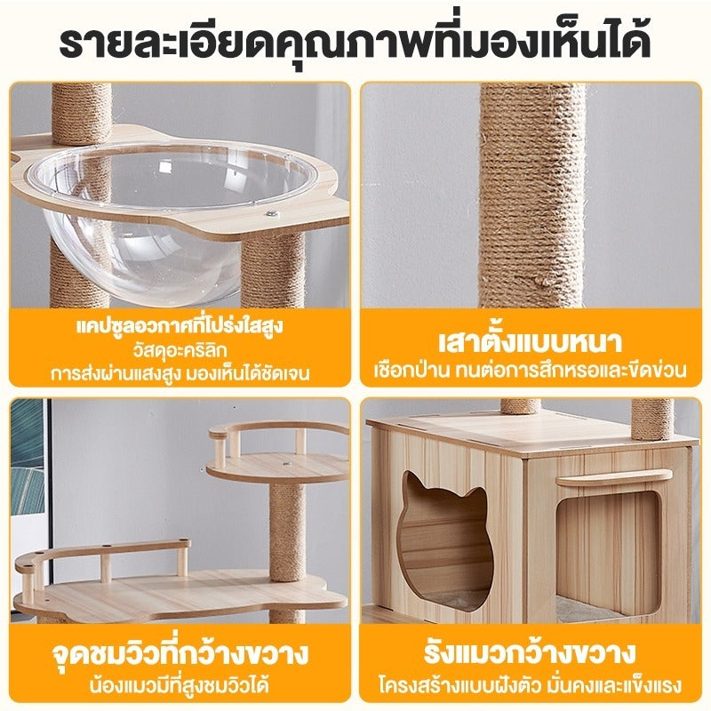 Mango คอนโดแมว ไม้แมวคอนโดแมว บ้านแมว รวมถึงแคปซูลอวกาศโปร่งใสเหมาะสำหรับเลี้ยงน้องแมว 3-5ตัว เสาลับเล็บ ขนาดใหญ่ สูง170CM