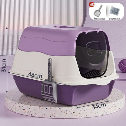 【ฟรีที่ตักทรายแมว】ห้องน้ำแมว 2-in-1 แบบปิด กระบะทรายแมวขนาดใหญ่ เพิ่มพื้นที่ ป้องกันกลิ่น ป้องกันการกระเซ็น กระบะทราย