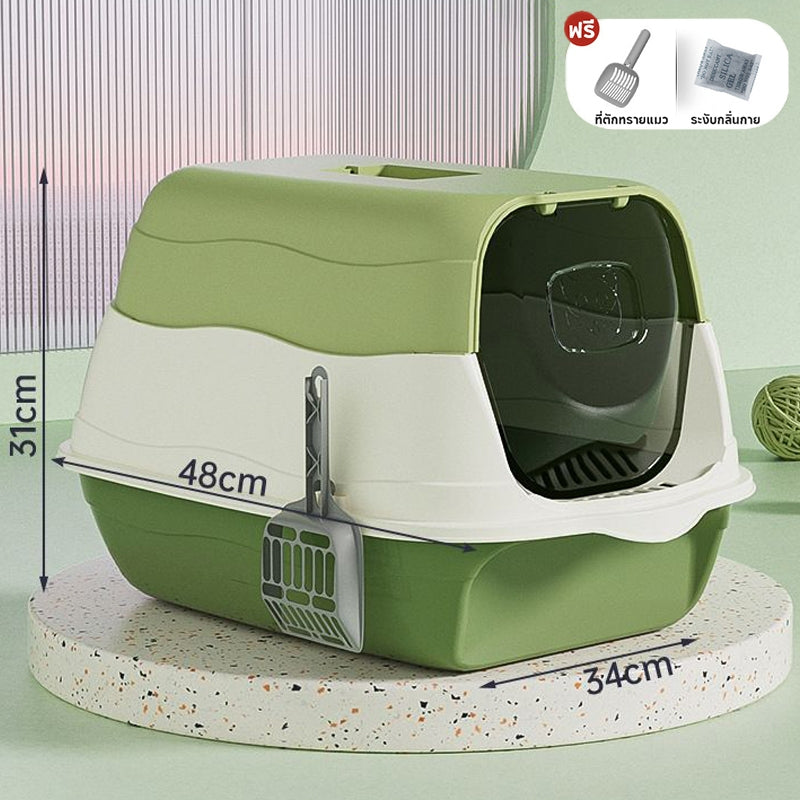 【ฟรีที่ตักทรายแมว】ห้องน้ำแมว 2-in-1 แบบปิด กระบะทรายแมวขนาดใหญ่ เพิ่มพื้นที่ ป้องกันกลิ่น ป้องกันการกระเซ็น กระบะทราย