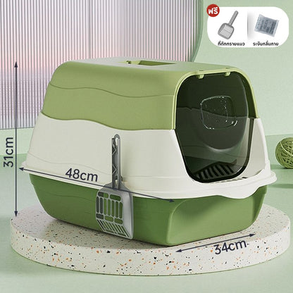 【ฟรีที่ตักทรายแมว】ห้องน้ำแมว 2-in-1 แบบปิด กระบะทรายแมวขนาดใหญ่ เพิ่มพื้นที่ ป้องกันกลิ่น ป้องกันการกระเซ็น กระบะทราย
