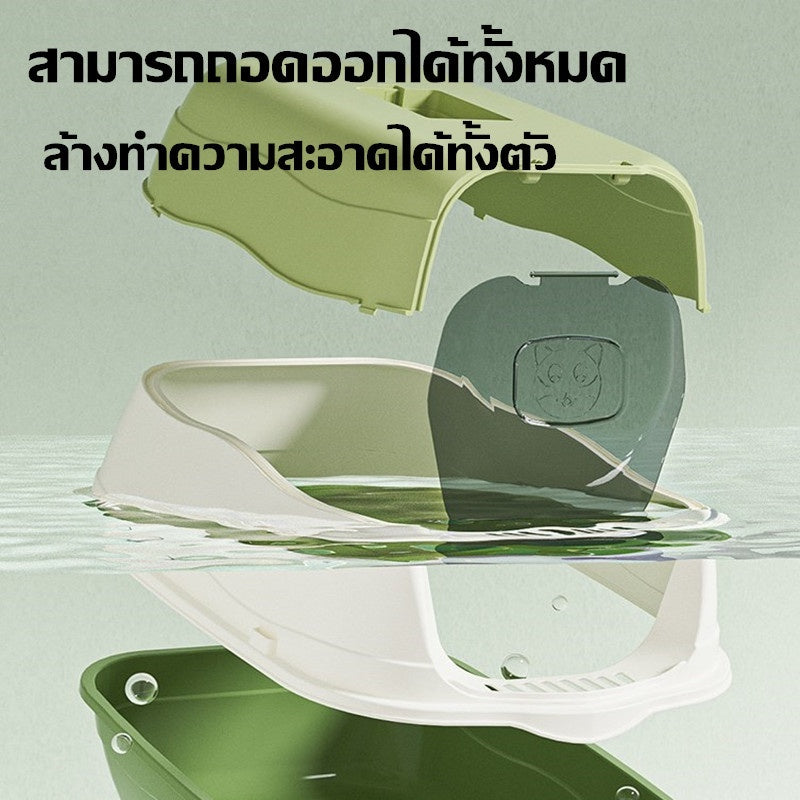 【ฟรีที่ตักทรายแมว】ห้องน้ำแมว 2-in-1 แบบปิด กระบะทรายแมวขนาดใหญ่ เพิ่มพื้นที่ ป้องกันกลิ่น ป้องกันการกระเซ็น กระบะทราย