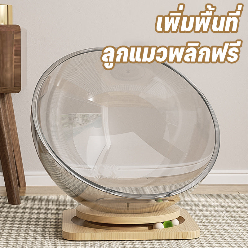 รังแมวสำหรับแคปซูล, บ้านแมว, ของเล่นแมว, ที่นอนอวกาศ, แผ่นเสียงไม้เนื้อแข็งอะคริลิค, ของเล่นหมุน Cat Scratcher 4 in 1, พื้นที่ขนาดใหญ่ 42 ซม.