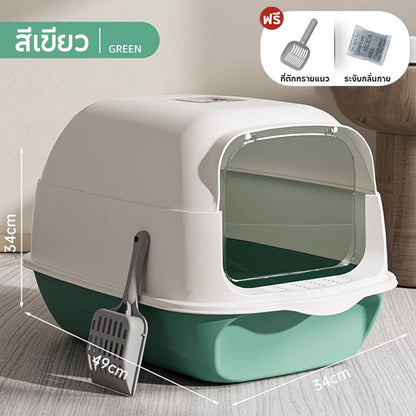 【ฟรีที่ตักทรายแมว】ห้องน้ำแมว 2-in-1 แบบปิด กระบะทรายแมวขนาดใหญ่ เพิ่มพื้นที่ ป้องกันกลิ่น ป้องกันการกระเซ็น กระบะทราย