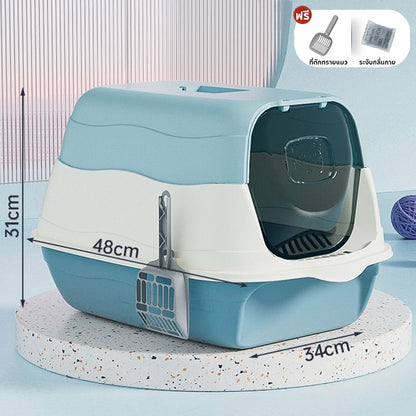【ฟรีที่ตักทรายแมว】ห้องน้ำแมว 2-in-1 แบบปิด กระบะทรายแมวขนาดใหญ่ เพิ่มพื้นที่ ป้องกันกลิ่น ป้องกันการกระเซ็น กระบะทราย